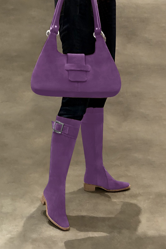 Amethyst purple women's riding knee-high boots. Round toe. Low leather soles. Made to measure. Top view - Florence KOOIJMAN